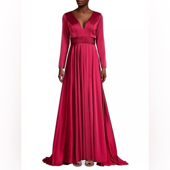 Ieena for Mac Duggal Red Long Sleeve Ruched Waist A-Line Gown Maxi Dress 10 NEW - Picture 11 of 13